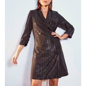 Sequined Blazer Double Breasted Collared Tuxedo Dress 3/4 Sleeves size 0X/ XL
